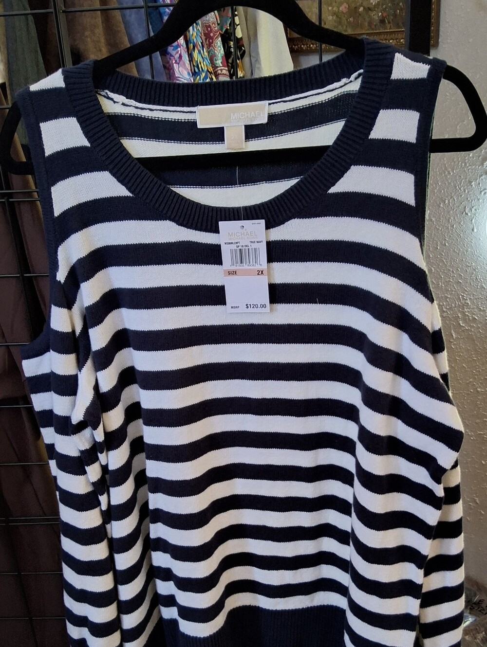 Michael Kors Navy and White Striped Cold-Shoulder Sweater